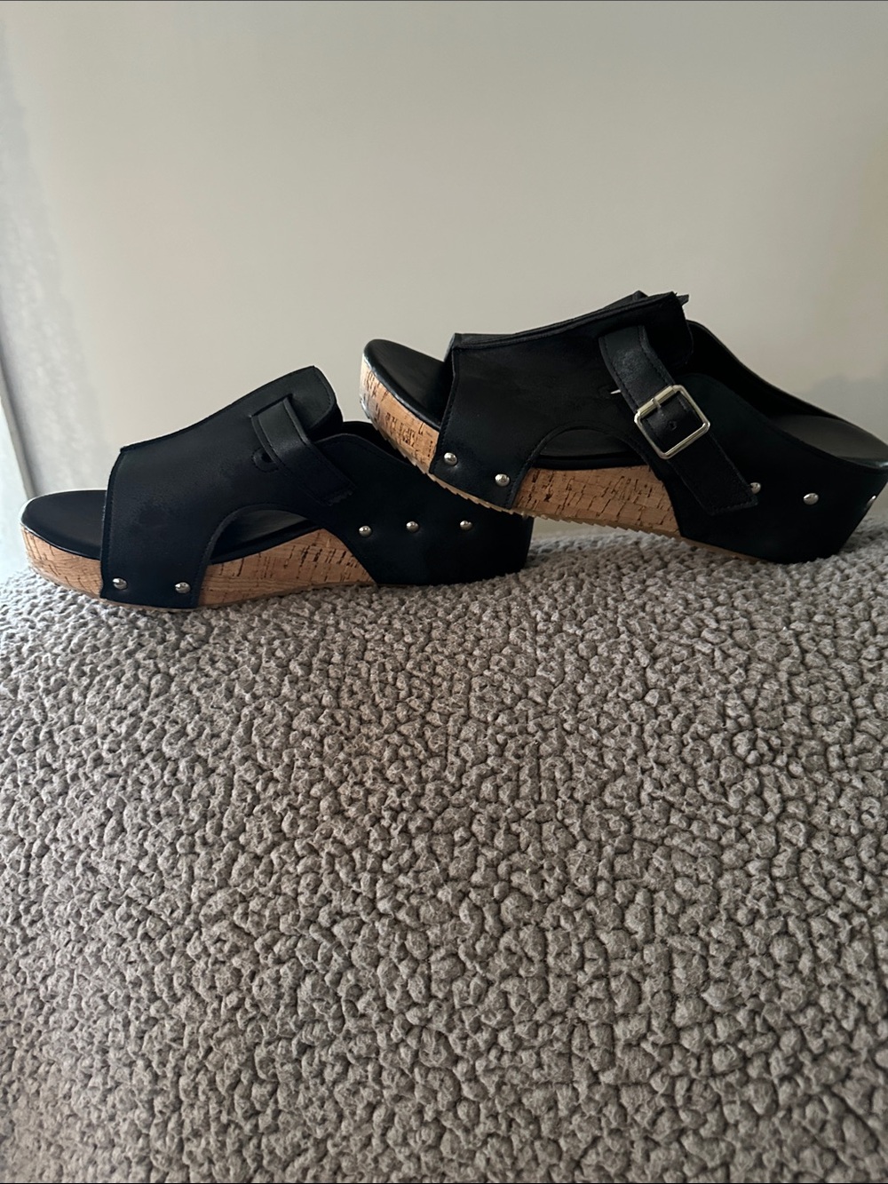 Black Cork Wedge Slide Sandals with Stud Details - Picture 3 of 3